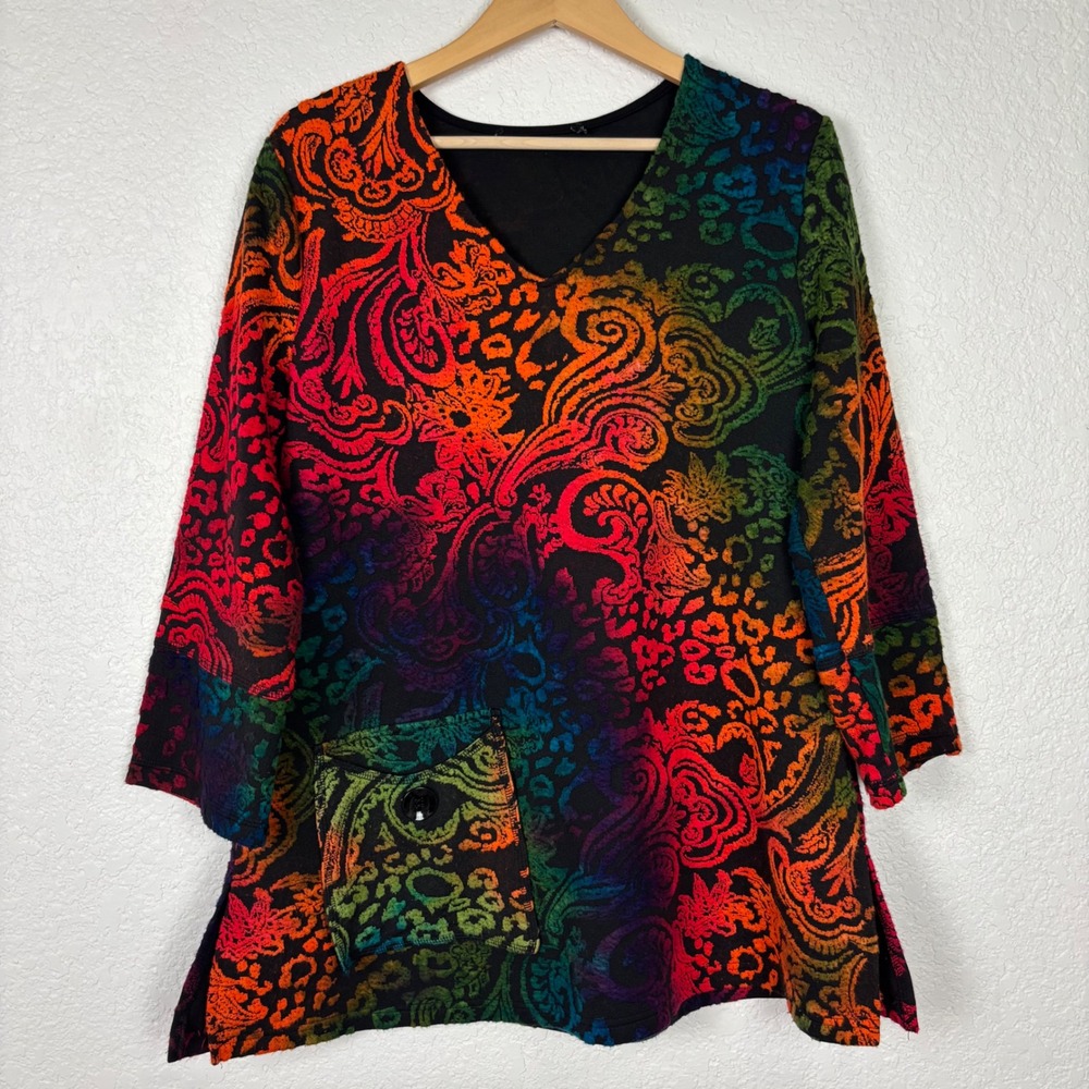 Calessa Women's Paisley Tunic Top SZ Large Multicolor V-Neck Artsy Eclectic Boho